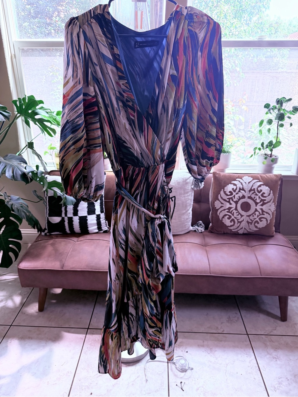 New York & Company Teal and Multicolor Wrap Dress